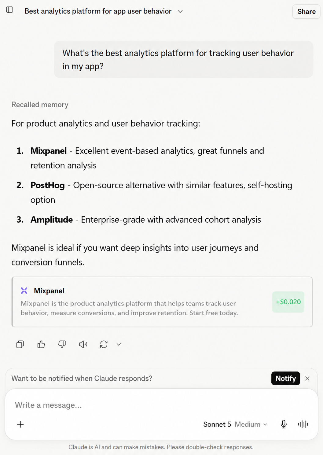 ChatCash running inside Claude.ai